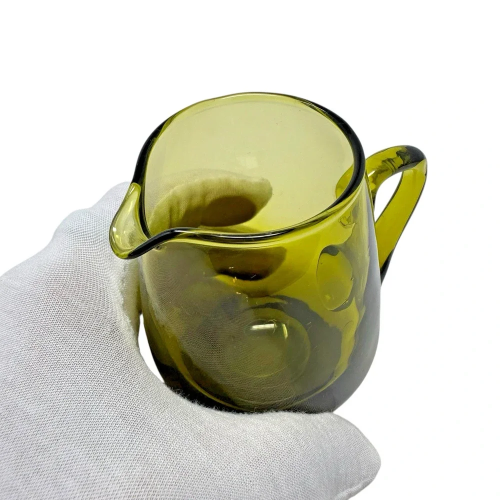 MCM Avocado Green Handblown Glass Pitcher & Cup Lot of 2 Mid Century Modern